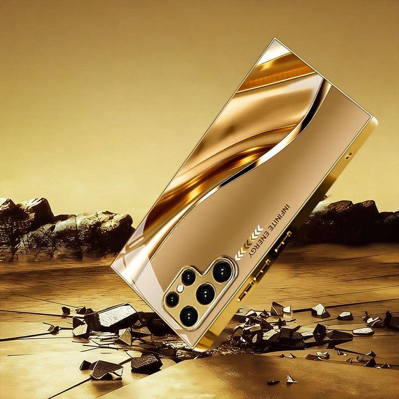 Golden flow infinite pattern gold glass phone case suitable for Samsung Galaxy S26 S25 S24 S22 S21 S20 FE/Ultra/Plus shockproof