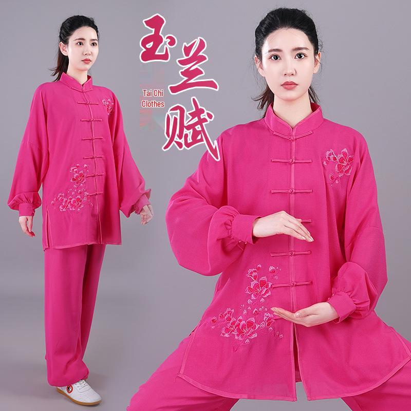 Damski Haftowany Garnitur Tai Chi - Wiosna/Jesień Płynna Bawełna Lniana, Długi Rękaw Kung Fu do Występów, Styl Chiński