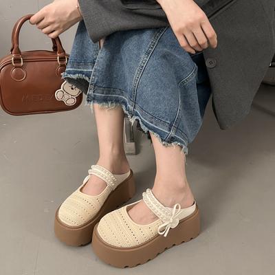 Retro Pearl Mesh Ladies Thick Bottom Birkenstocks Slippers Summer French Retro Beach Soft Bottom Baotou Semi-cool Slippers