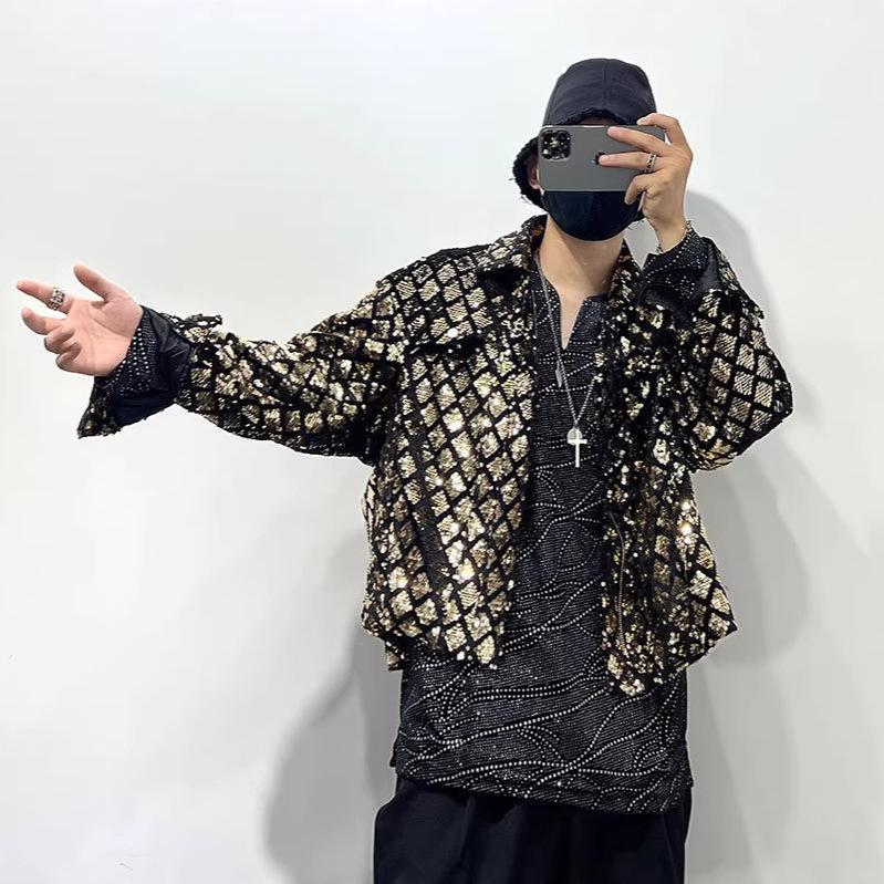 Velvet Sequined Embroidered Men's Jacket for Trendy Hairstylists