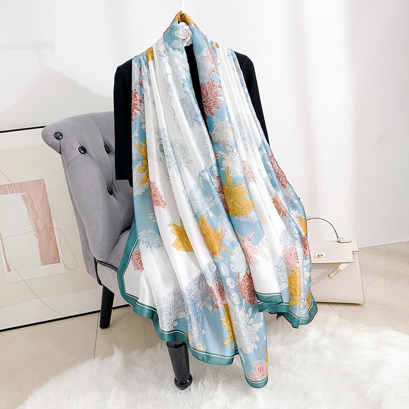 Small fresh design Korean print new silk satin temperament long scarf women's office shawl travel photo decorative scarf