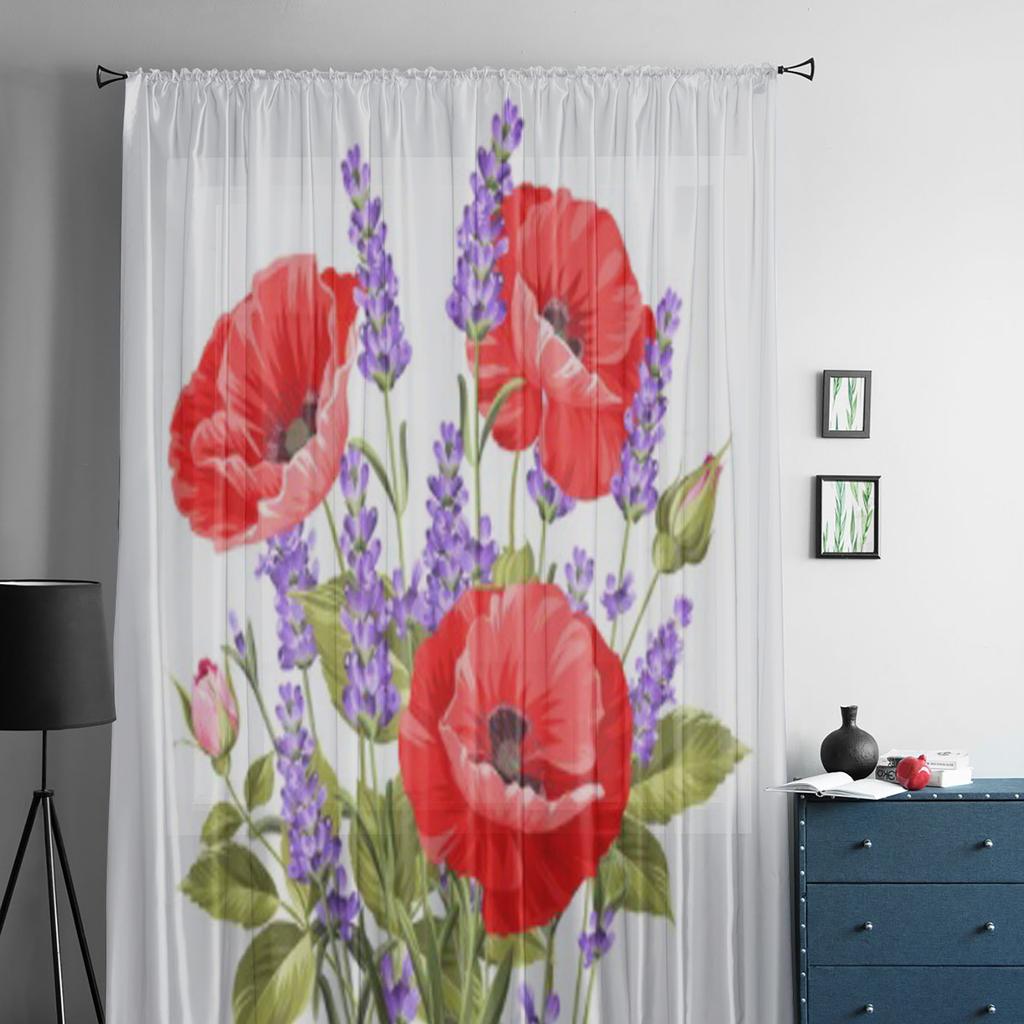 Lavendel- und Mohnblumen-Tüllvorhänge für Wohnzimmer, Schlafzimmer, Küchendekoration, Voile-Organza-Vorhänge