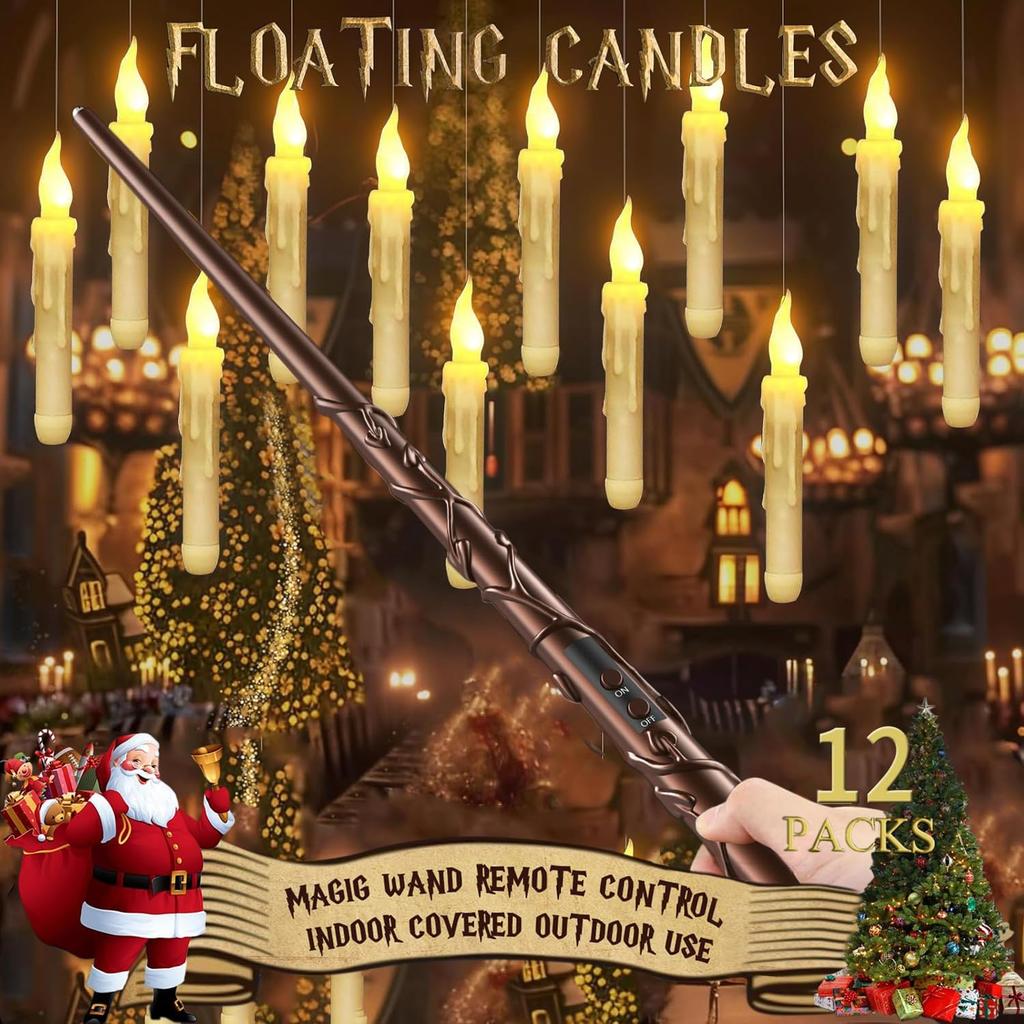 Halloween Decorations, Harry Floating Battery Operated Candles with Potter Magic Wand Remote, Flameless Hanging Flickering LED Candle Light,