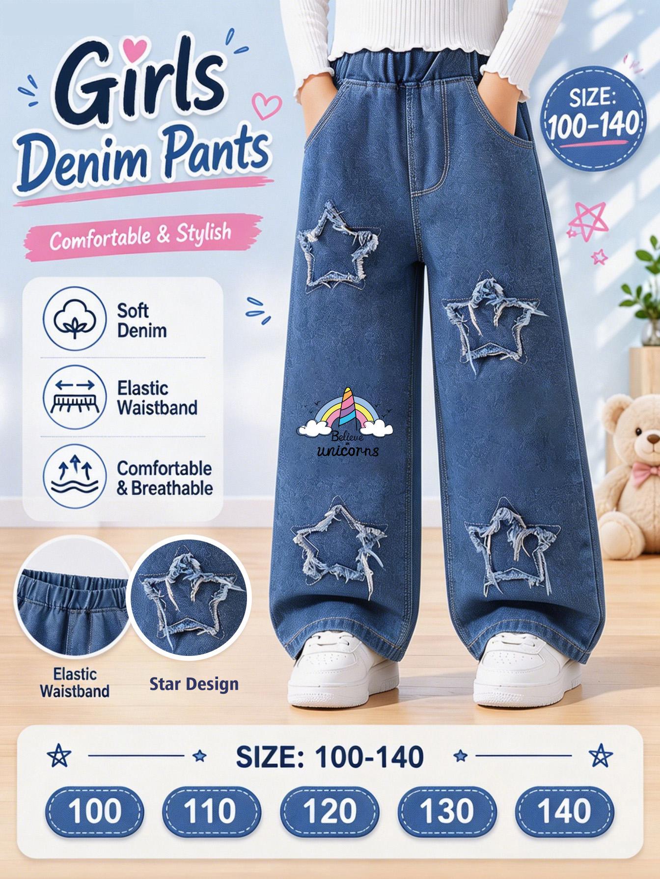 Trendy Girls Wide Leg Denim Pants Print, Star Design Elastic Waist Kids Jeans 100cm синий