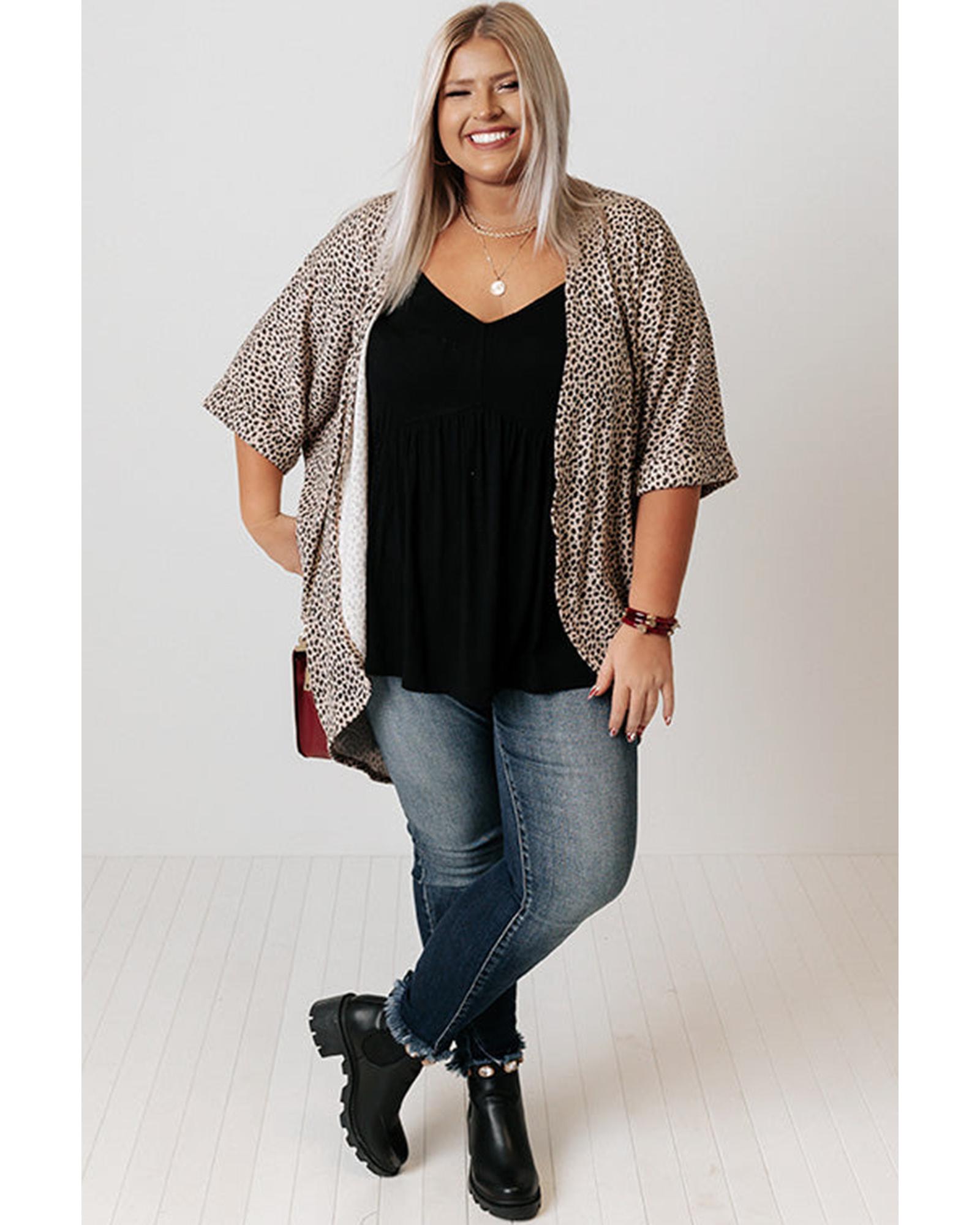 

Azura Exchange Khaki Plus Size Leopard Print Half Sleeve Open Front Cardigan 3X хаки