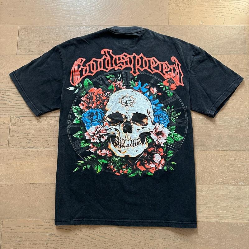 Godspeed retro printing foreign trade beauty tide high street men and women casual trend hip hop apricot old short sleeve T-shirt