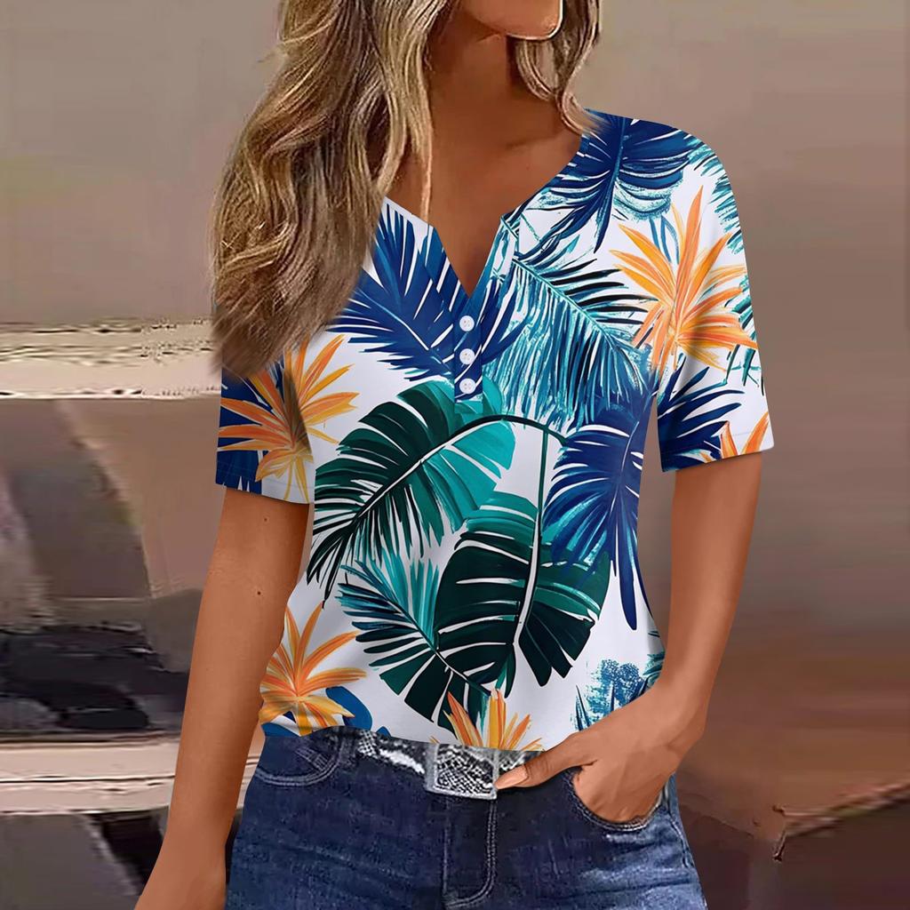 Women's T Shirt Print Button Short Sleeve Daily Weekend Fashion Basic V- Neck Regular Top