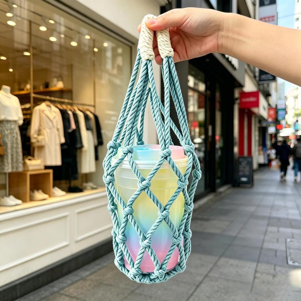 Bag For Water Bottle Handwoven Mesh Portable With Handle Drink Carrier Bag For Shopping Work Travel Daily Outdoor