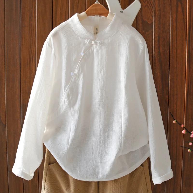 Womens Casual Solid Color Mandarin Collar Frog Button Long Sleeve Linen Shirt M белый