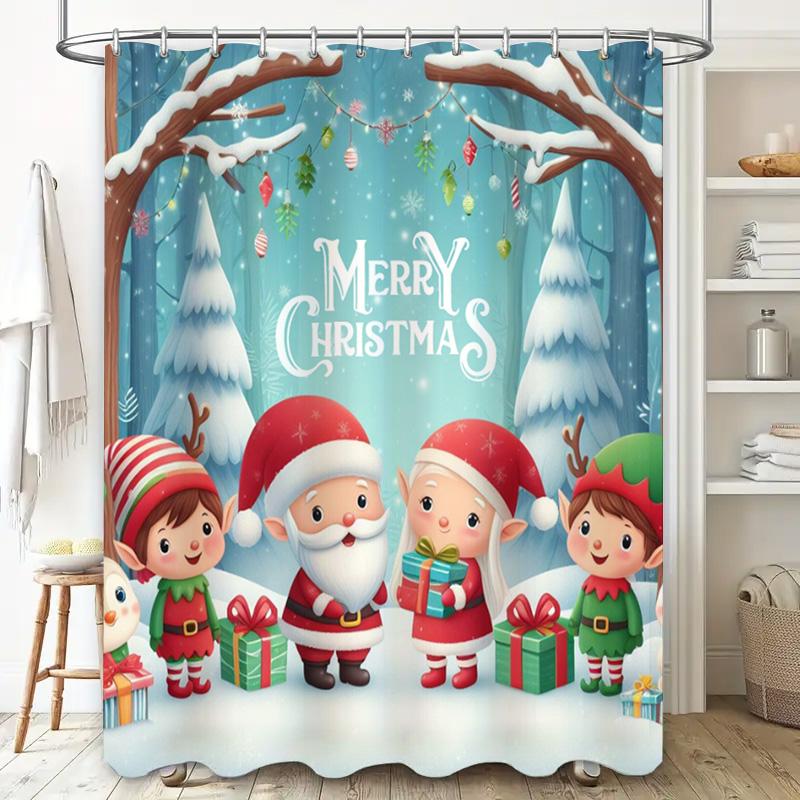 GAESanta and Elves Shower Curtain with Holiday Greeting, Blue Winter Scene with Gift Boxes for Family Christmas Bathroom Decor
