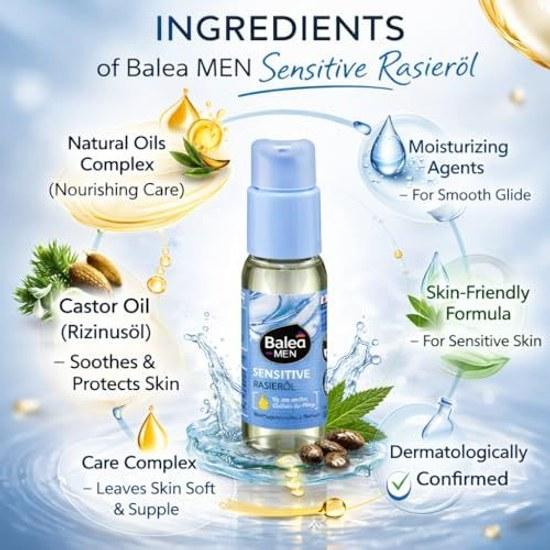 Balea MEN Sensitive Rasieröl Bartkonturen Natürlicher Komplex Rizinus Beruhigt schützt Haut Glatte Gleitformel 50ml