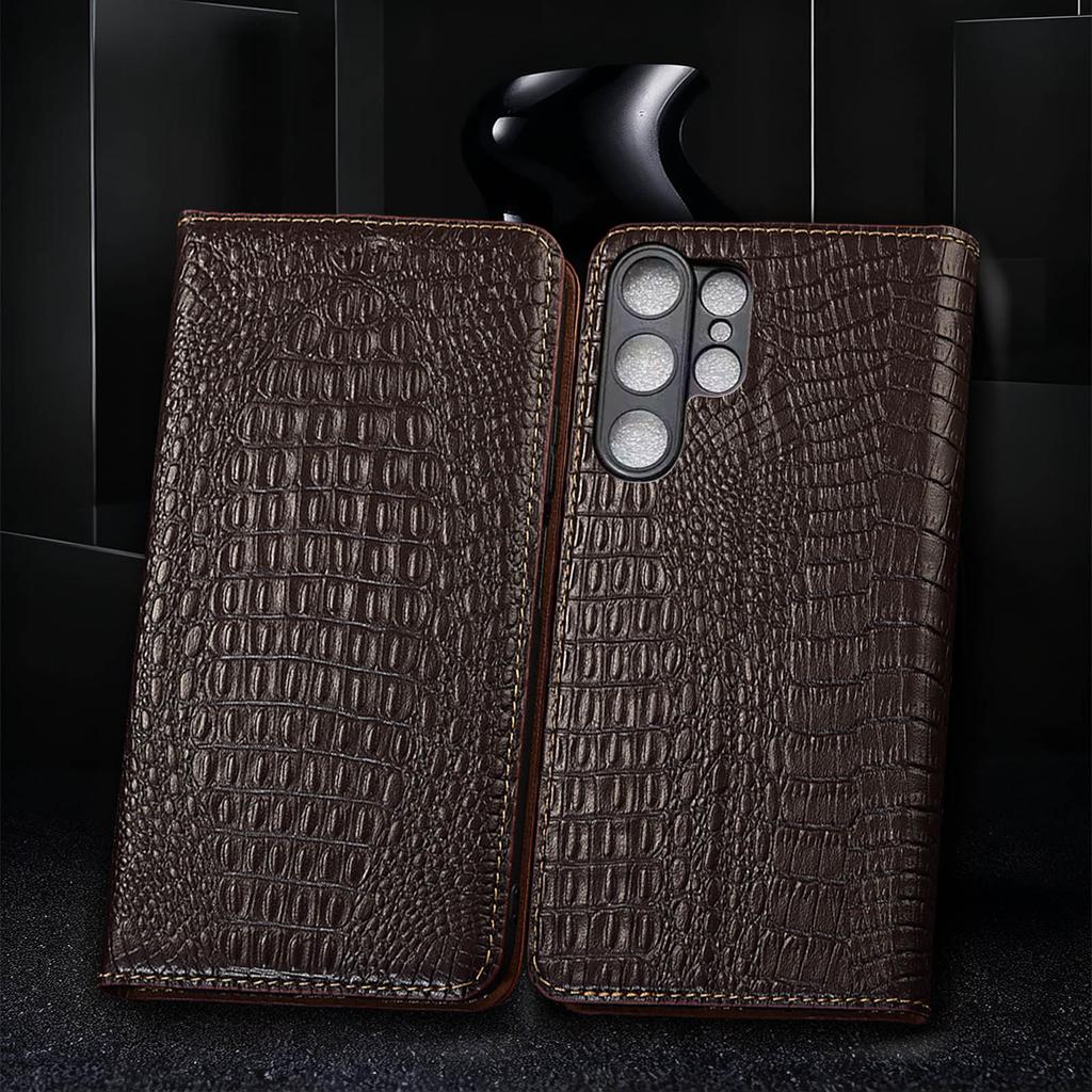 Genuine Leather Phone Case for Samsung Galaxy S21 S22 S23 S24 S25 Edge Plus Ultra FE Crocodile Back Pattern of Flip Cover Case