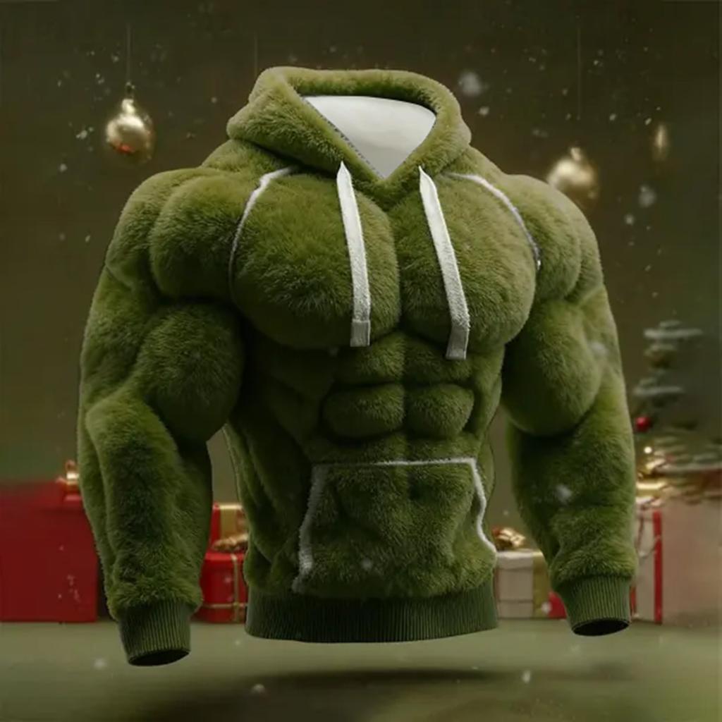 Men's Christmas Muscle Ugly Print Long-Sleeve Casual Sports Hooded Sweatshirt