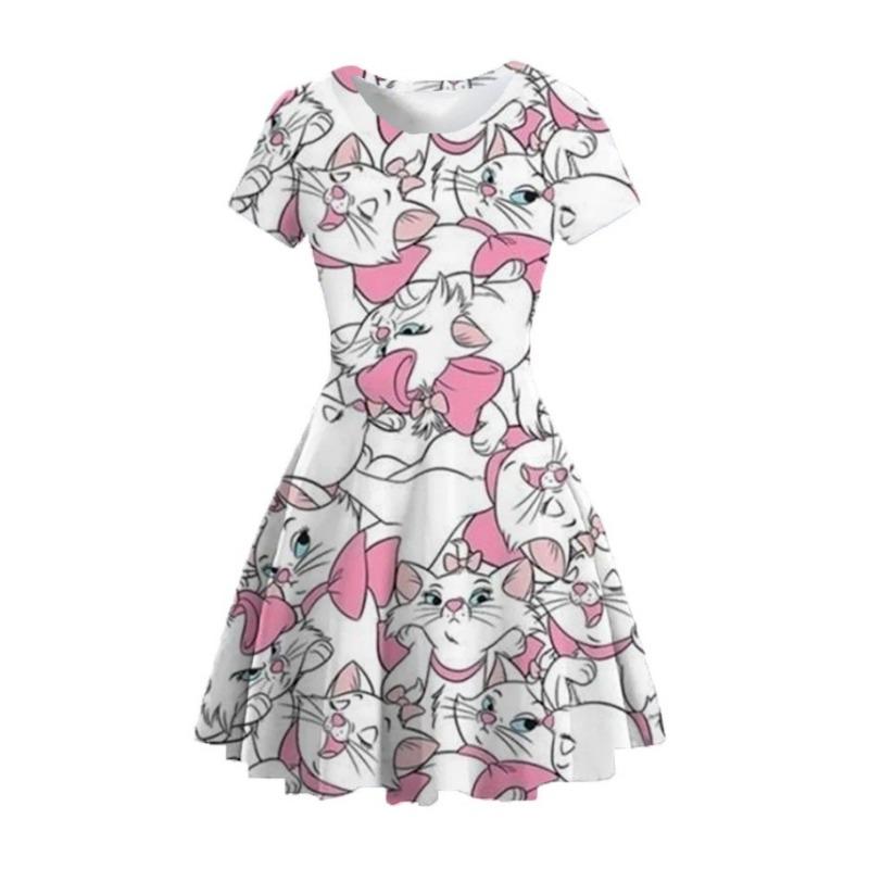 

2026 Summer New Girls Round Neck Short Sleeve Dress Printed Princess Cartoon Disney Mary Cat Casual Cute Summer Dress 110