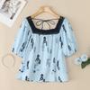 ZANZEA Women Summer Lace Splice Square Collar Short Sleeve Print Blouse