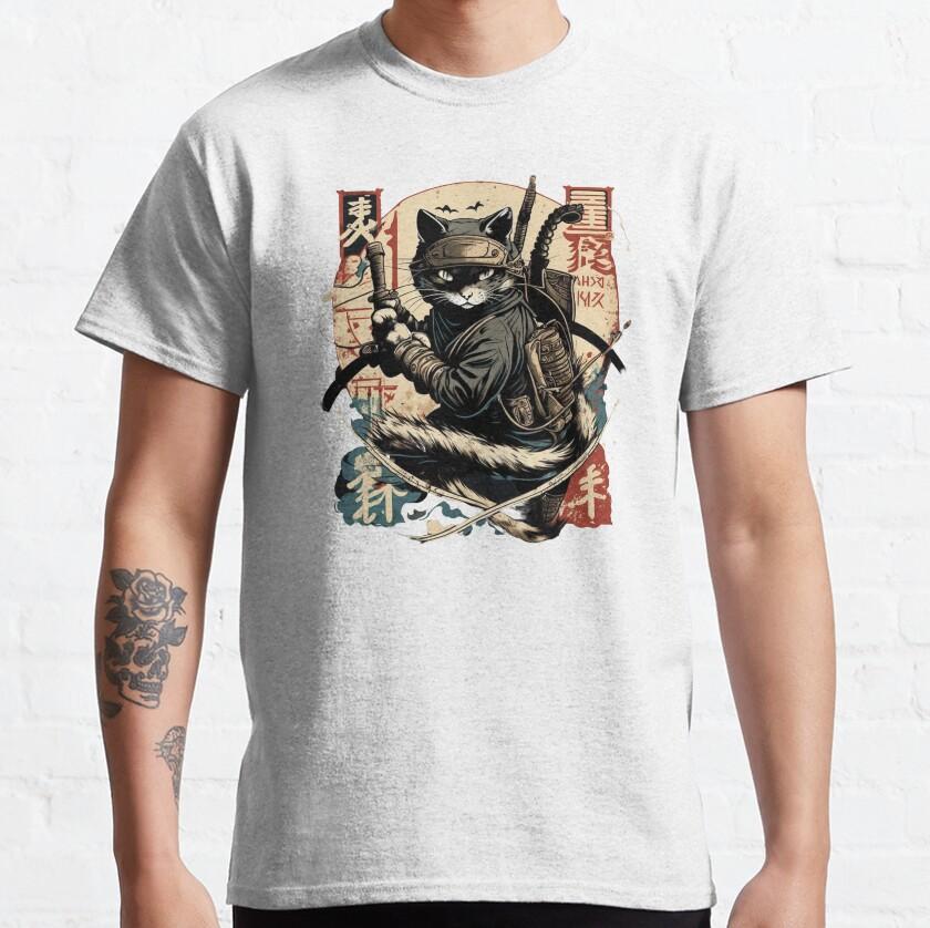Funny kitten kawaii Cat Samurai mens TShirt for men vintage japanese Ninja Cat printed clothing plus size tee