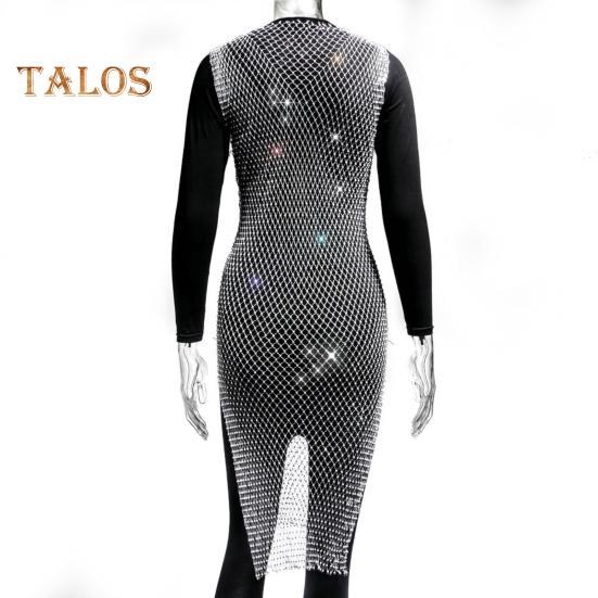 Vestido de rede de pesca com strass brilhante feminino sexy com fenda lateral vazada vestido de praia sem mangas lantejoulas festa biquíni saia