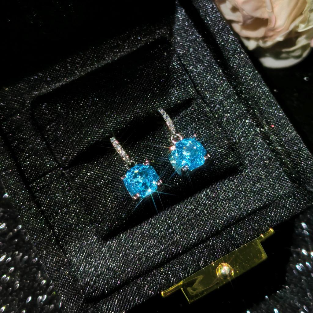 Rose Cut Sea Blue Octagon Flash Diamond Necklace Pendant Open Ring Stud Earrings Bracelet