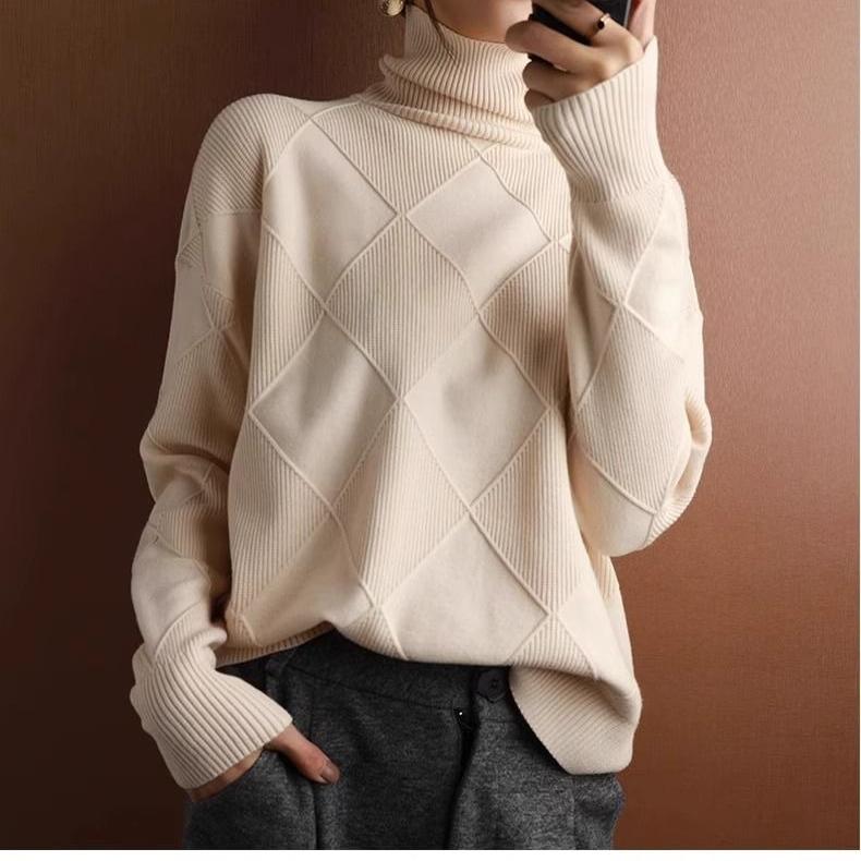 Autumn Winter Women's Plus-size Wool Sweater Loose Turtleneck Sweater Pullover Solid Color Wool Knitted Top