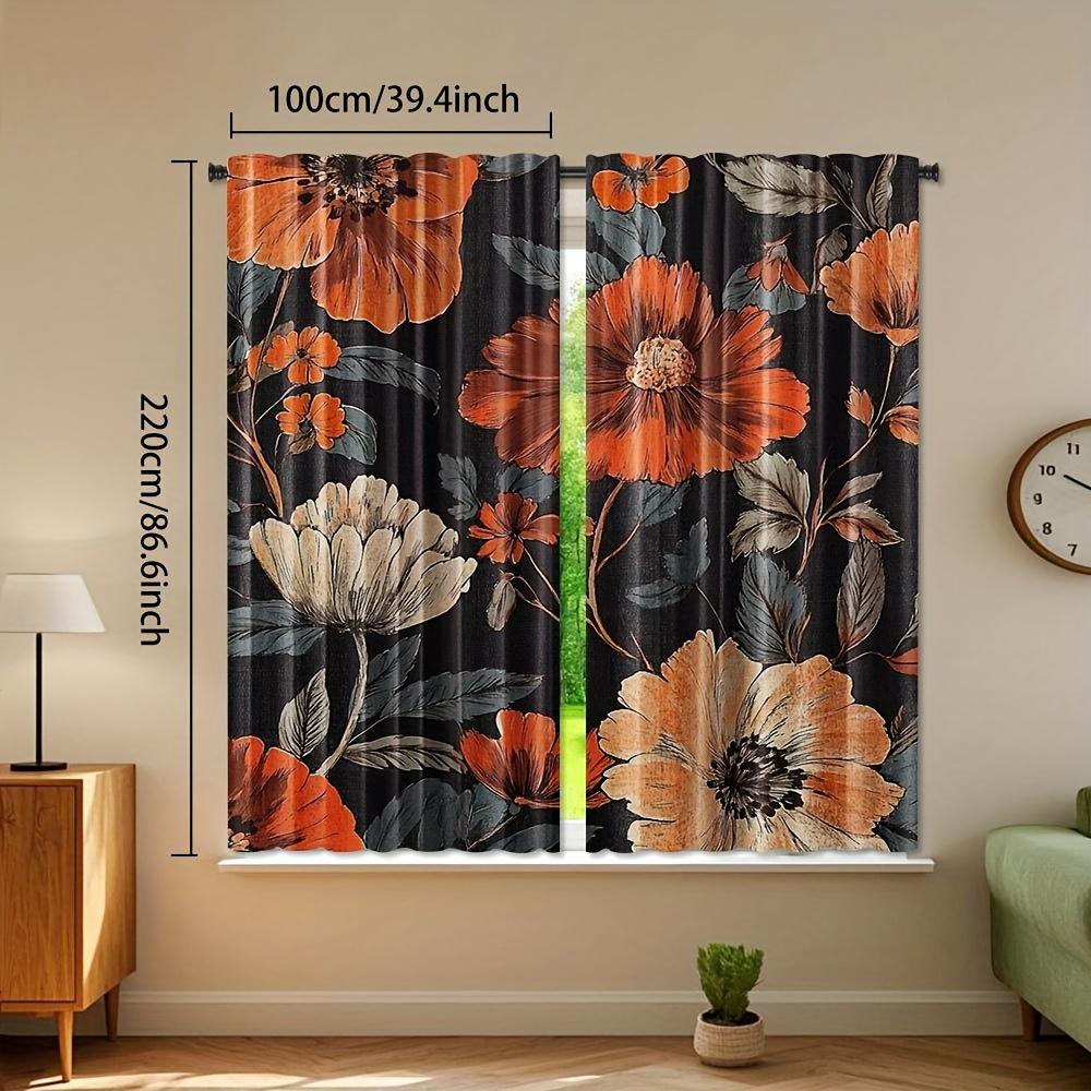 2pcs   Mid Century Curtain   Black Floral Boho Curtain for Living Room and Bedroom Window Drapes