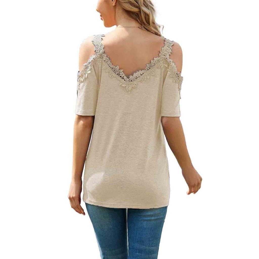 Women's Fashion V-Neck Splicing Lace Suspenders Hollow Loose Short-Sleeved Tops