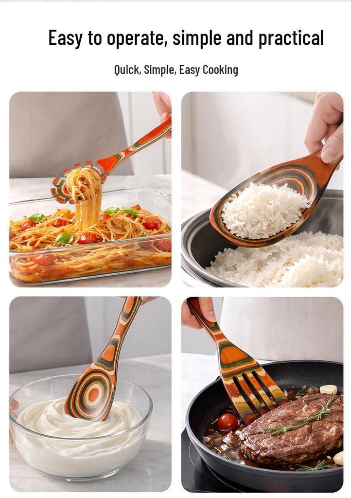 Colored Wooden Kitchen Set: Non-stick Ladle, Strainer, and Spatula.