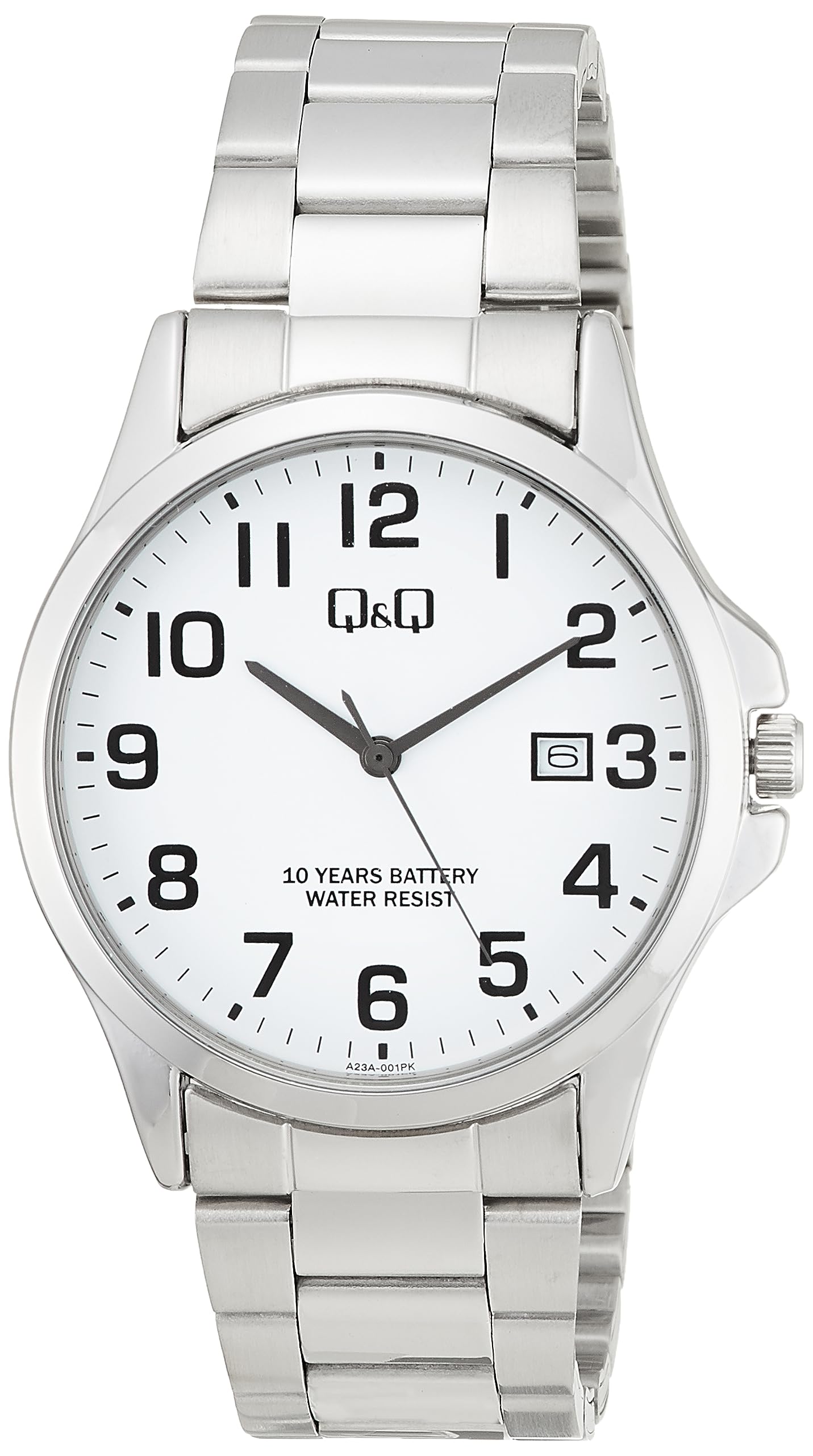 

Аналоговые часы Citizen с батарейкой Водонепроницаемые Металлические Серебристые Q&Q Мужские 10 лет службы, Браслет, (А23А-001ПК)