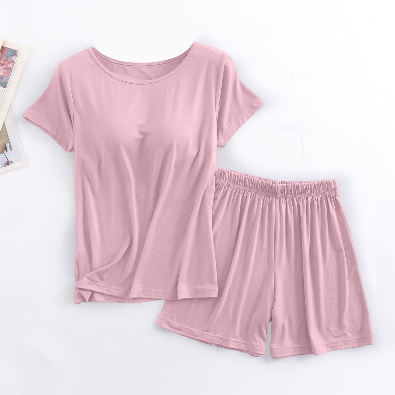 

Women s Pajama Set With Chest Pad Solid Color Short Sleeve Top Heart Shorts Two Pieces XXL