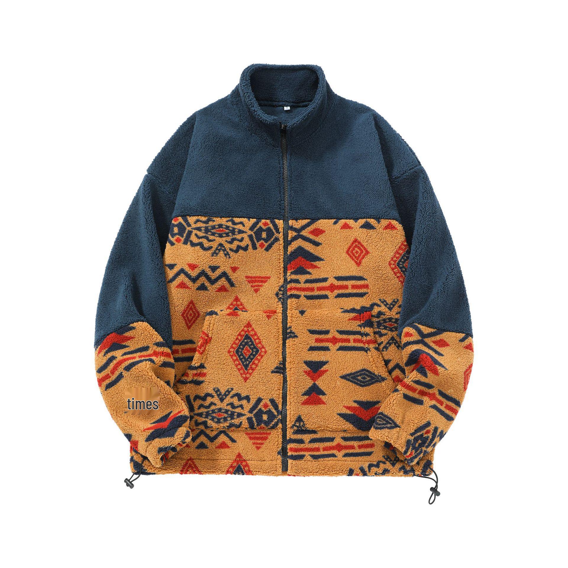 

Men s Retro Ethnic Style Patchwork Fleece Hoodie - Warm Winter Cardigan Jacket XXL