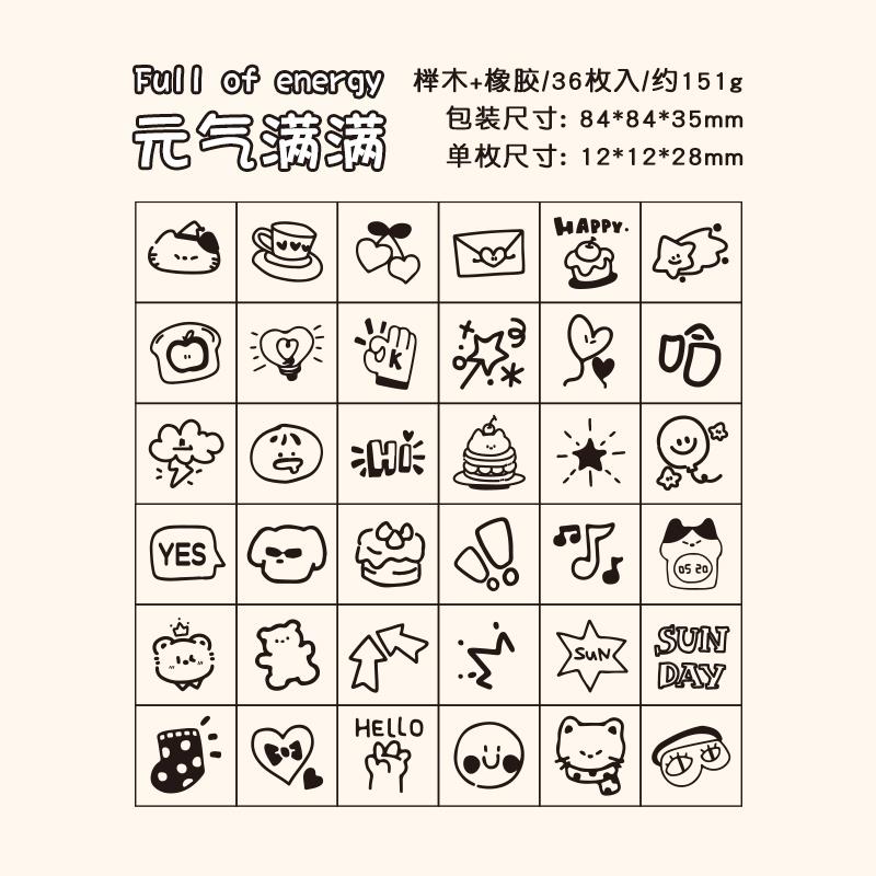 Journal GO 36pcs/set Cute Cartoon Wooden Rubber Stamp Set Lovely Rubber Seal for Collage Junk Journal Scrapbooking Planner