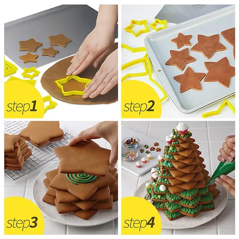 6pcs/ Set Christmas Tree Cookie Cutter Mold Xmas Plastic DIY 3D New Year Biscuits Gingerbread Maker Stamp Baking  Accessories