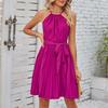 Abito corto senza maniche con scollo all'americana solido moda estiva Abito da festa a pieghe casual Abito estivo sexy con lacci a vita alta 27832