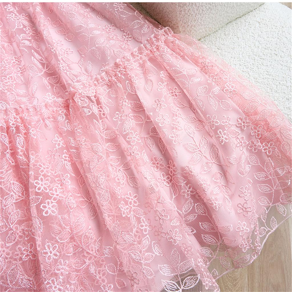 Women's Peter Pan Collar Lace Embroidery Midi Dress Luxury Beaded Crystal Costumes Ruffled Splice Button Front Slim A‑Line Dress