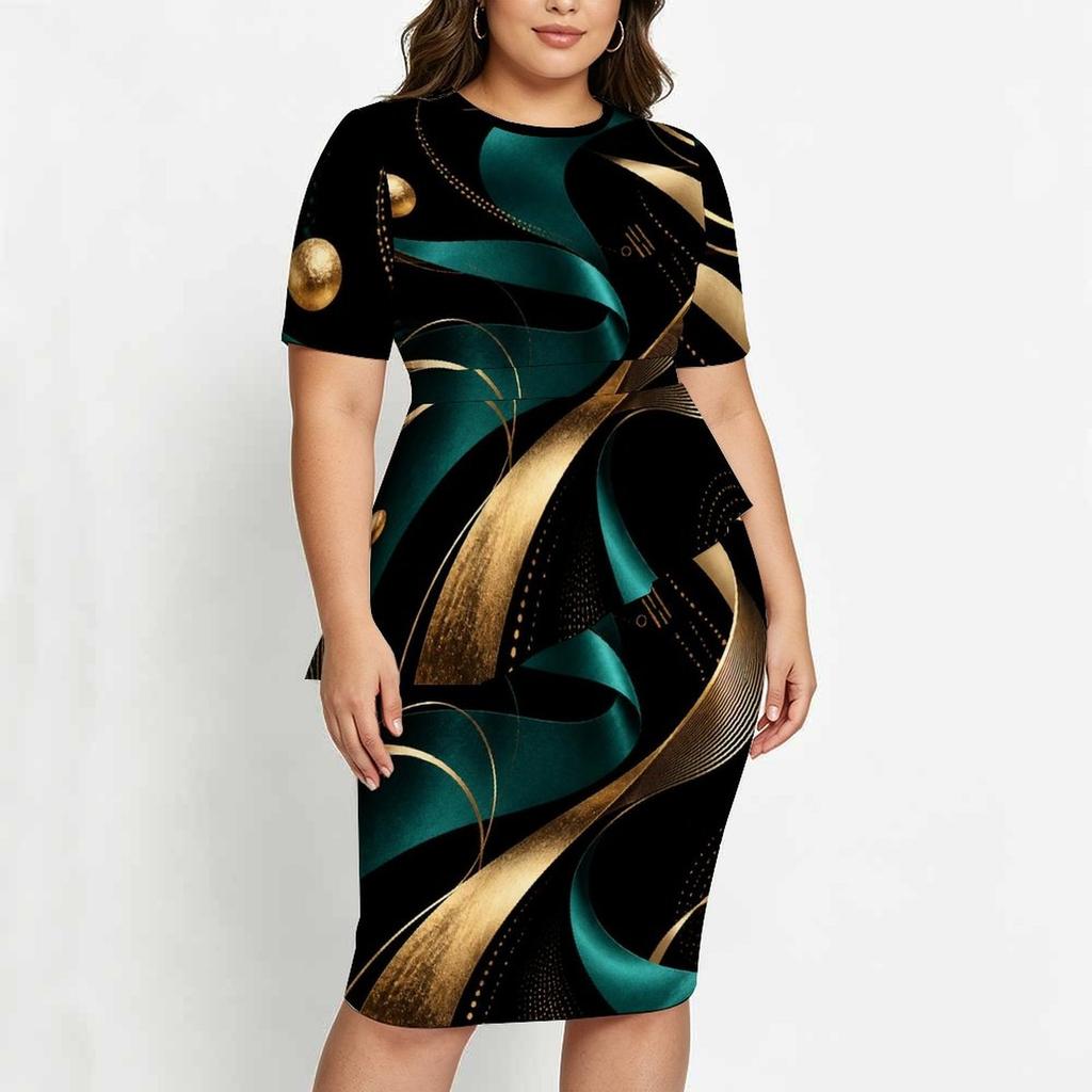Women Plus Size Halloween Printed Round Neck Short Sleeve Asymmetric Top Fitted Skirt Two Piece Set