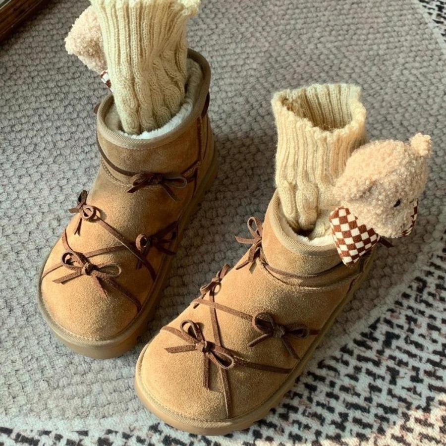 New Winter Women's Boots with Butterfly Knot, Coffee Color,Flat Platform Snow Boots Short Tube Warm Woolen Boots