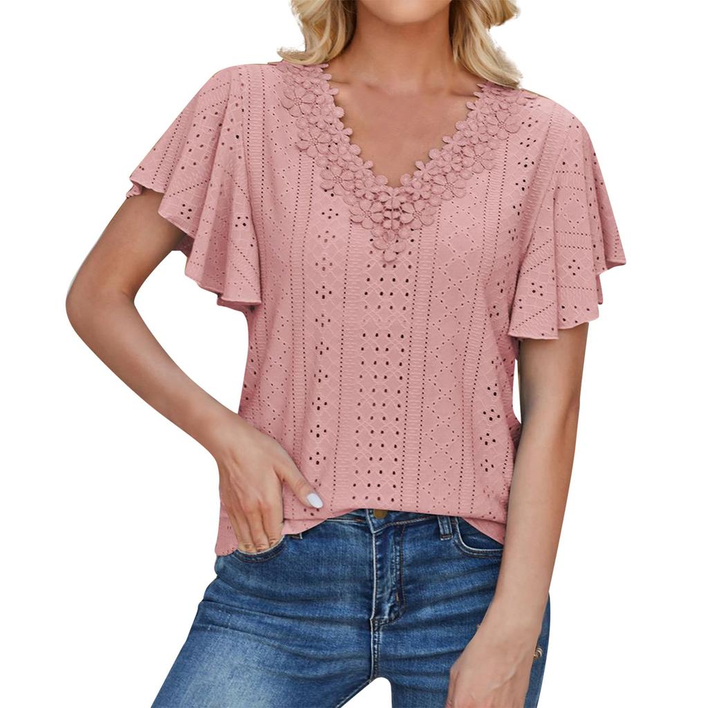 Damska, codzienna, modna, seksowna, koronkowa koszulka z dekoltem w serek i falbaniastymi rękawami w jednolitym kolorze