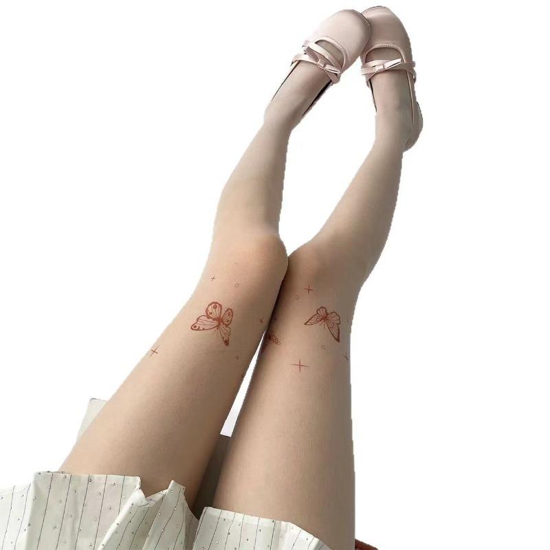 Y2K Sexy Butterfly Tights Vintage Fake Tattoo Butterfly Black Transparent Silk Pantyhose Women Lolita Summer Ultra-thin Stocking