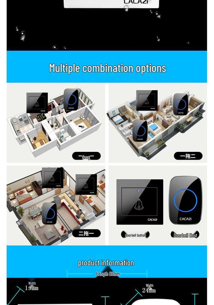 86 Type Wireless Doorbell with Call Button, Battery Powered, One-to-One Remote Control, No Wiring Needed