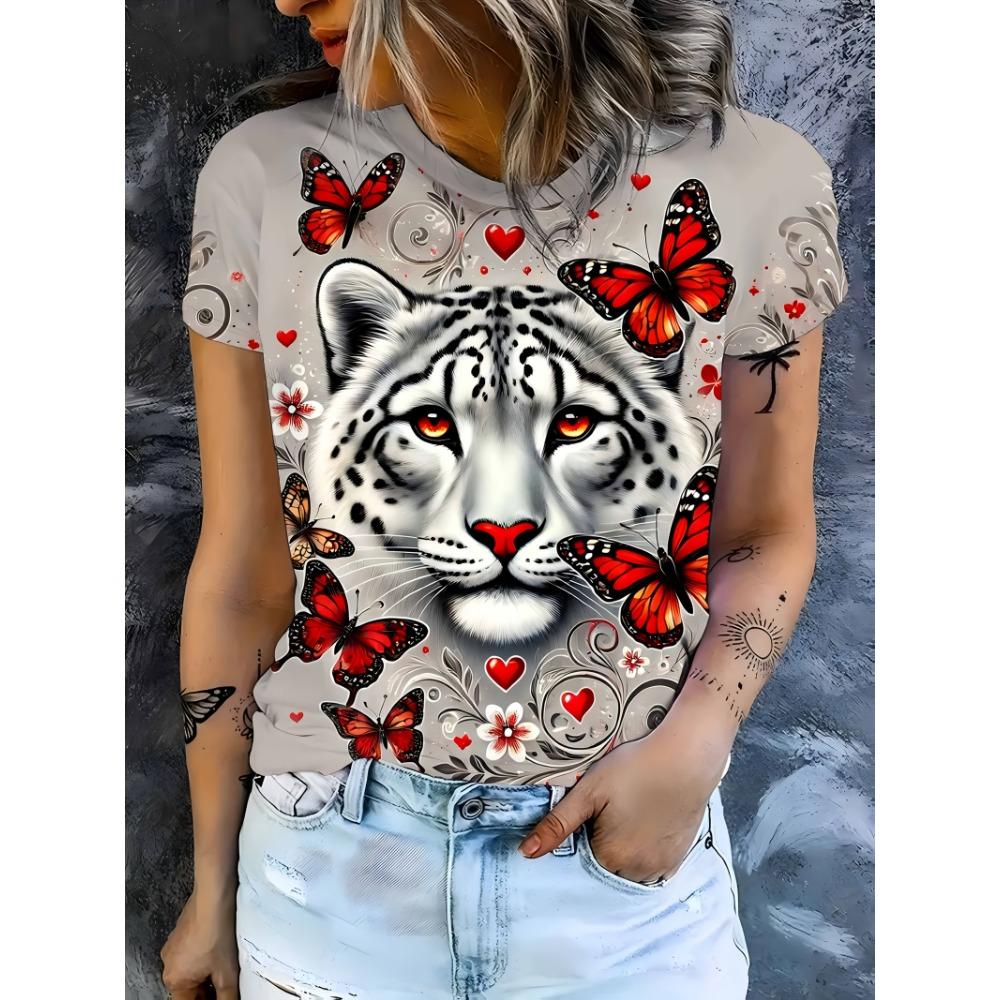 Women s Tee - Snow Leopard & Red Butterfly Graphic, Elegant Animal Love Design for Casual Daily Wear M