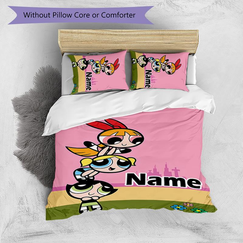 3pcs The Powerpuff Girls9 Cover Set - Personalized Name, HD Printed Bedding with 1 Cover and 2 Pillowcases - Perfect for Home Decor, Easy Care
