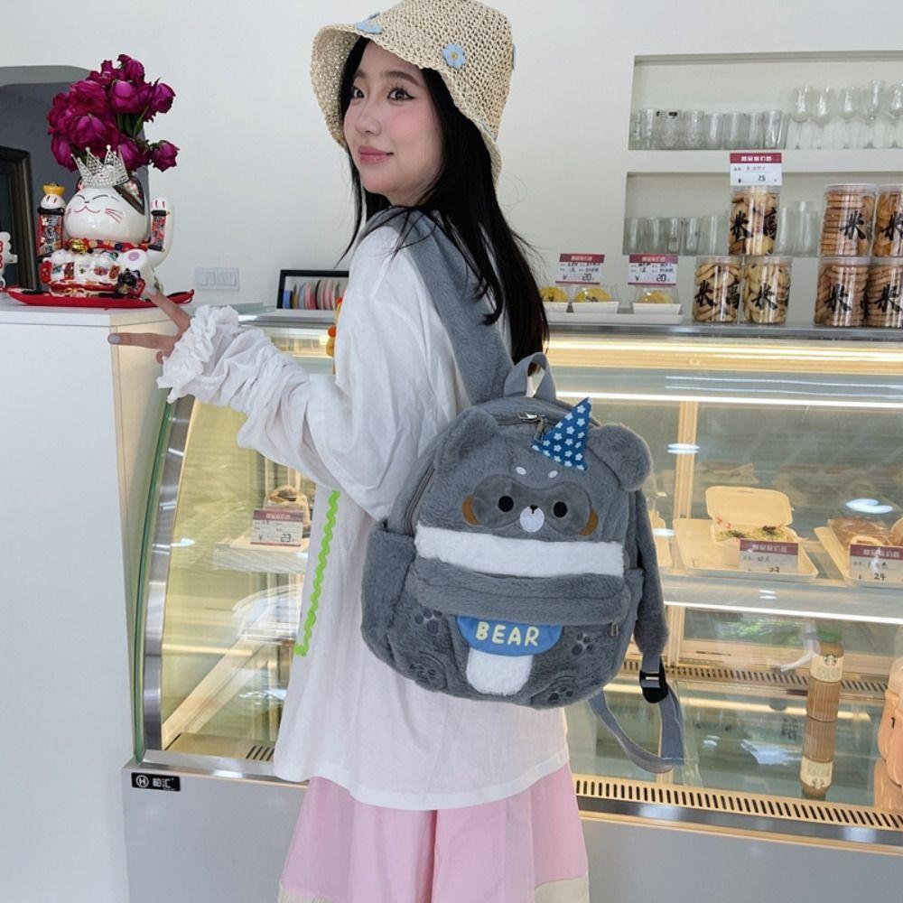 Large Capacity Bear Plush Schoolbag Adjustable Straps Animal Shoulder Bag Lady