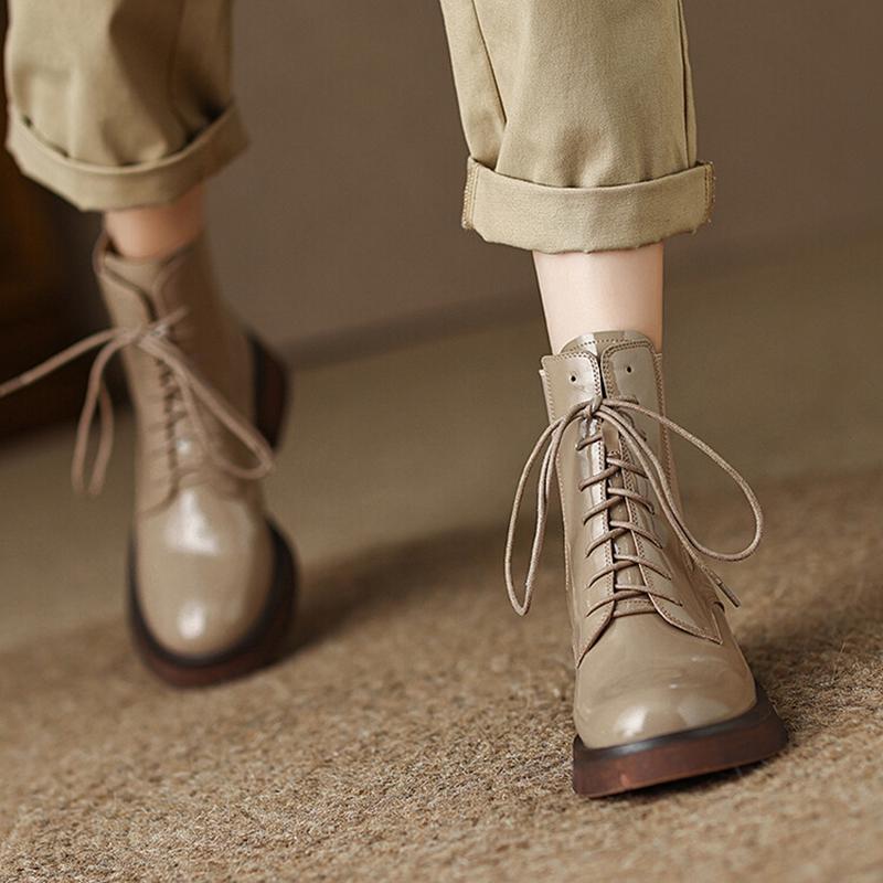 Fashion NEW Fall Shoes Women Patent Leather Boots Round Toe Chunky Heel Women Boots Winter Solid Lace-up Ankle Boots Western Boots Women