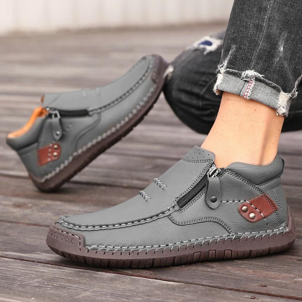Men's High-top Casual Leather Shoes Hand-stitched Plus Size 38-50 Non-slip Soft Sole Flats with Zipper for Walking Working