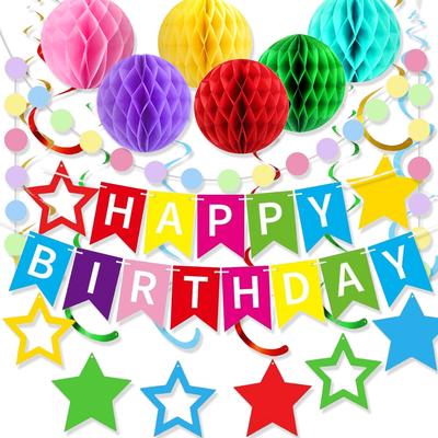 Colorful Birthday Theme Party Decoration Macaron Birthday Flag Latte Flower Spiral Honeycomb Ball Set