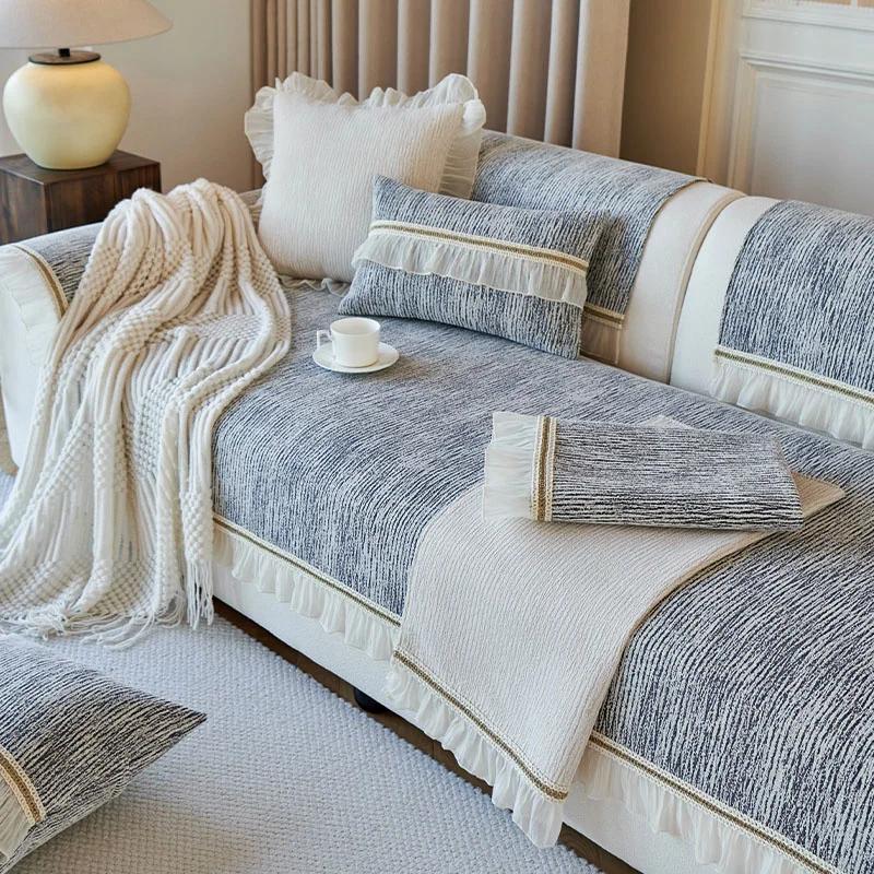Four Seasons Universal Light Luxury High-grade Solid Color Ruffled Cushion Non-slip Sofa Cover Cloth Jacquard Sofa Cushion