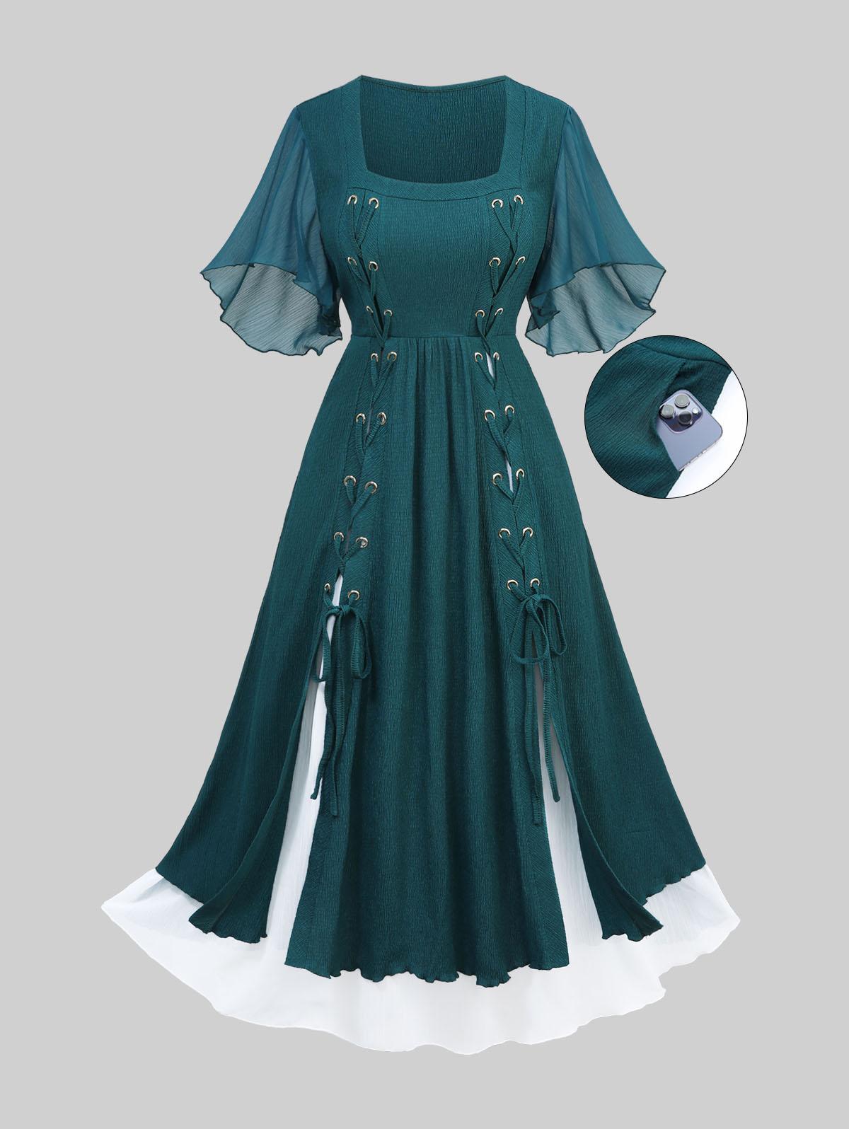 

Rosegal Plus Size Lace Up Grommets Split Ruffles Sleeve Square Neck Dress 5XL глибокий/зелений