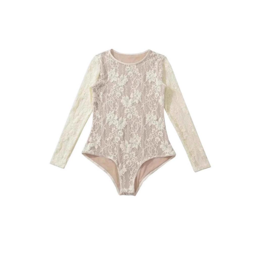 Chic Lace Patchwork Long Sleeve Bodysuit: Women's Mesh Hollow-Out Sexy Top