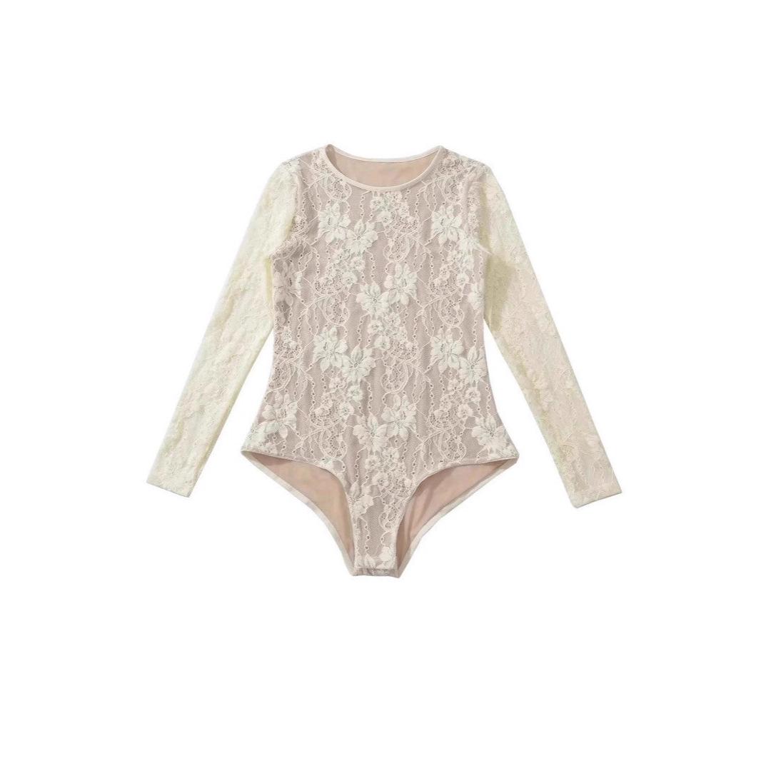 

Chic Lace Patchwork Long Sleeve Bodysuit: Women s Mesh Hollow-Out Sexy Top Large білий