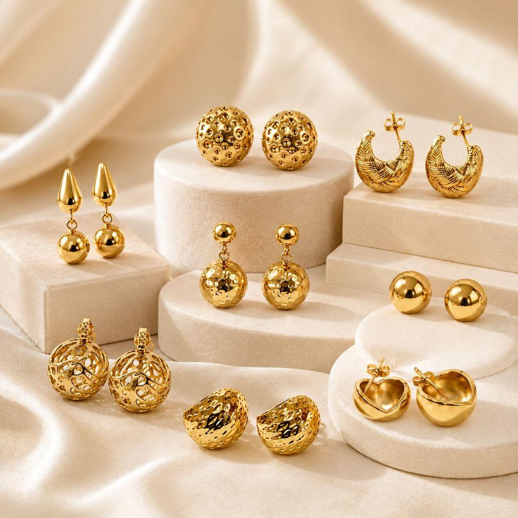 Gold Spherical Stud Earrings - Fashionable, High-End Stainless Steel Jewelry for a Chic Look