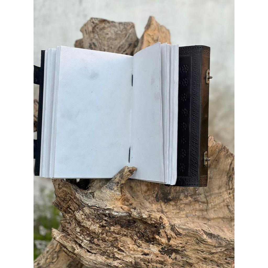 Handmade Black Leather Journal: Triple Moon Stone Embossed Notebook